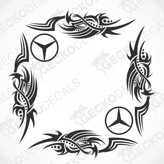 A set of two black tribal design side window decals for a vehicle, featuring the Mercedes-Benz logo.