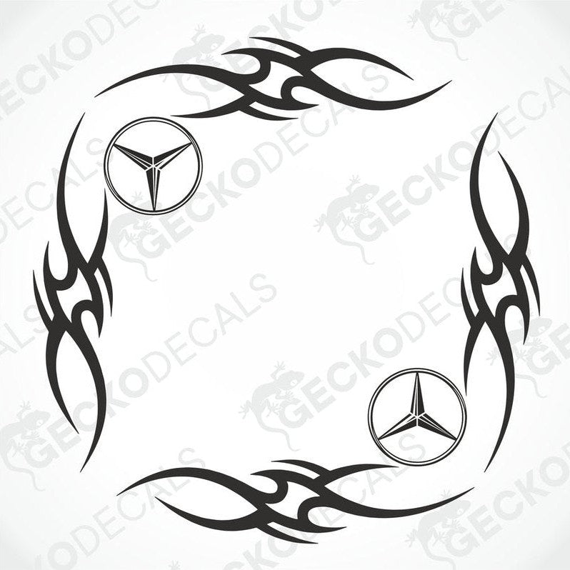 A set of two black tribal design side window decals for a vehicle, featuring the Mercedes-Benz logo.