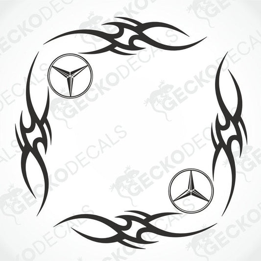 A set of two black tribal design side window decals for a vehicle, featuring the Mercedes-Benz logo.