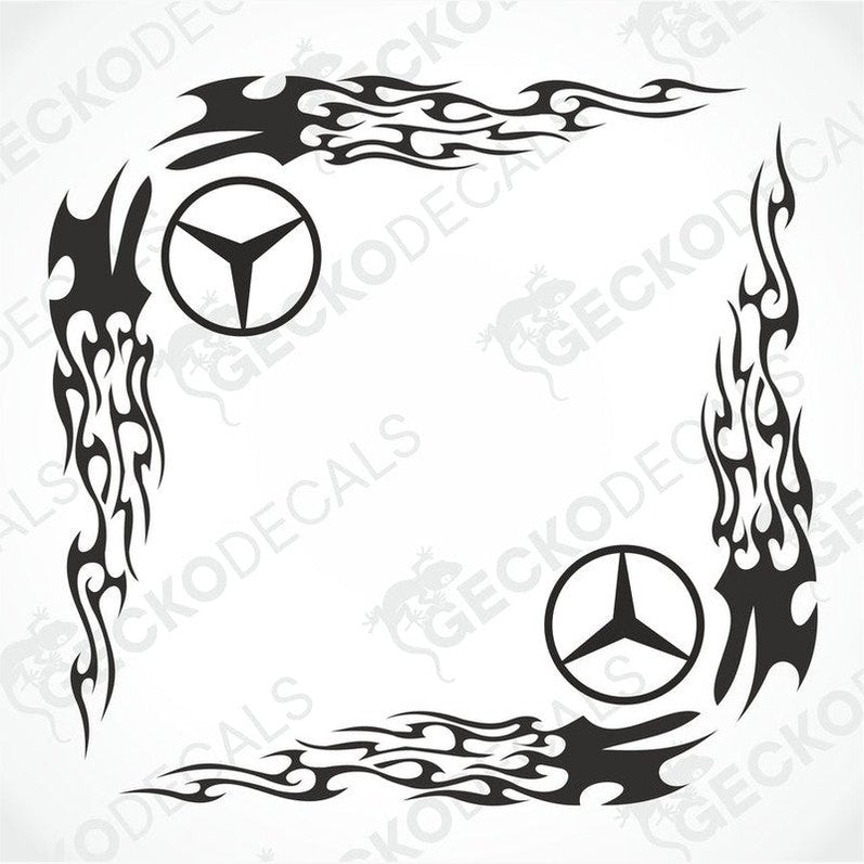 A set of tribal style side window decals for a Mercedes-Benz truck, featuring black and white design with floral patterns and the Mercedes-Benz logo.