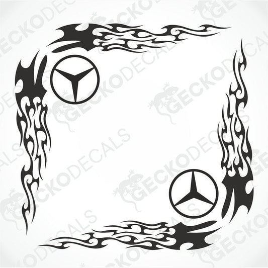 A set of tribal style side window decals for a Mercedes-Benz truck, featuring black and white design with floral patterns and the Mercedes-Benz logo.