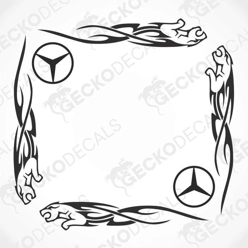 A set of tribal-style side window decals for a Mercedes-Benz vehicle, featuring geometric patterns and the Mercedes-Benz logo.