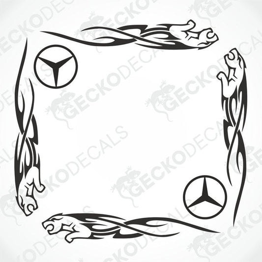 A set of tribal-style side window decals for a Mercedes-Benz vehicle, featuring geometric patterns and the Mercedes-Benz logo.