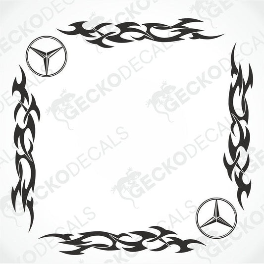 A set of tribal style side window decals for a Mercedes-Benz vehicle, featuring black and white geometric patterns.