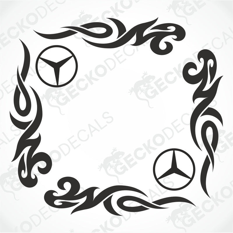 A set of tribal style side window decals for a Mercedes-Benz truck, featuring geometric patterns and the Mercedes-Benz logo.