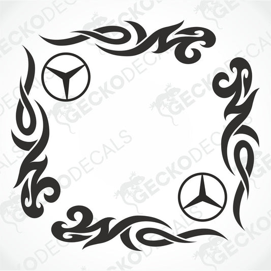 A set of tribal style side window decals for a Mercedes-Benz truck, featuring geometric patterns and the Mercedes-Benz logo.