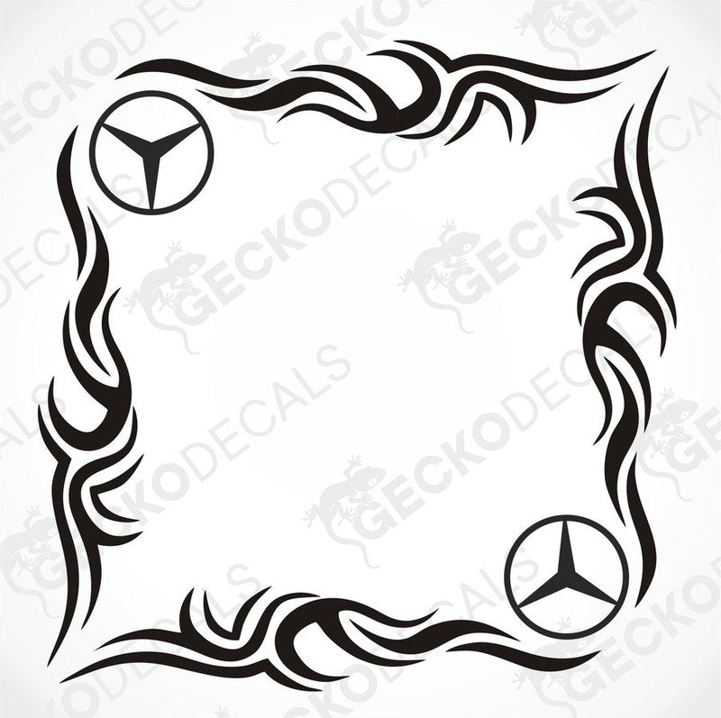 A black tribal pattern car decal designed for use on the side windows of a vehicle, featuring the Mercedes-Benz logo.