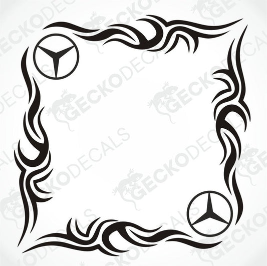 A black tribal pattern car decal designed for use on the side windows of a vehicle, featuring the Mercedes-Benz logo.