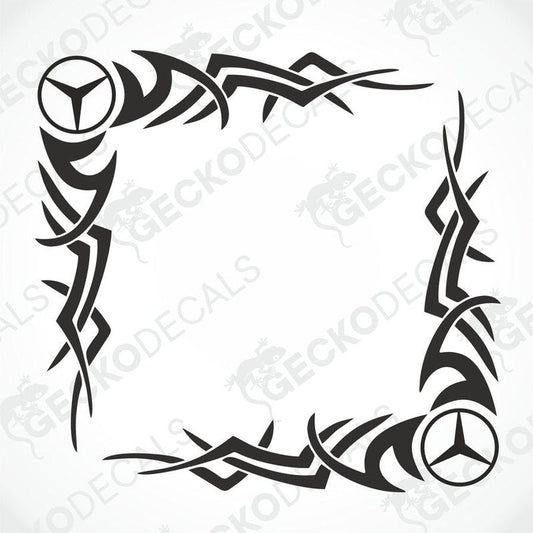 A black and white image of a die-cut tribal design decal with the Mercedes-Benz logo incorporated into the pattern.