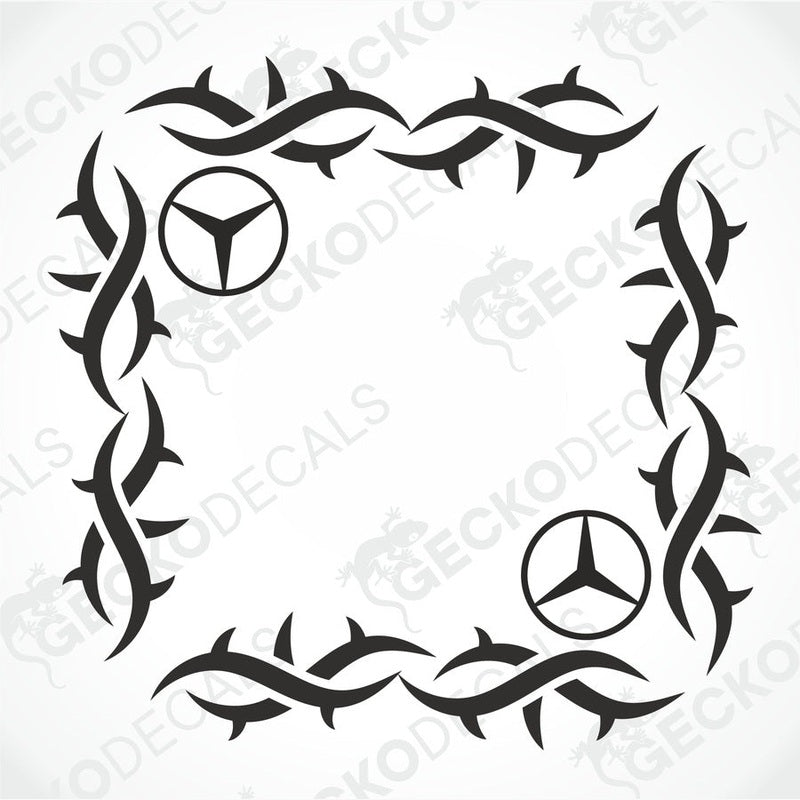 A black tribal pattern die cut sticker designed for vehicle side window placement, featuring the Mercedes-Benz logo.
