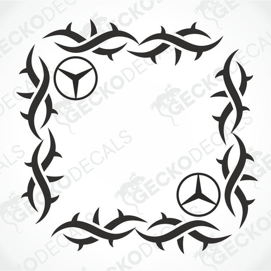 A black tribal pattern die cut sticker designed for vehicle side window placement, featuring the Mercedes-Benz logo.