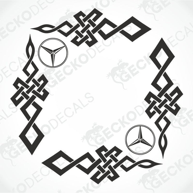 A set of two black tribal side window decals featuring the Mercedes-Benz logo.