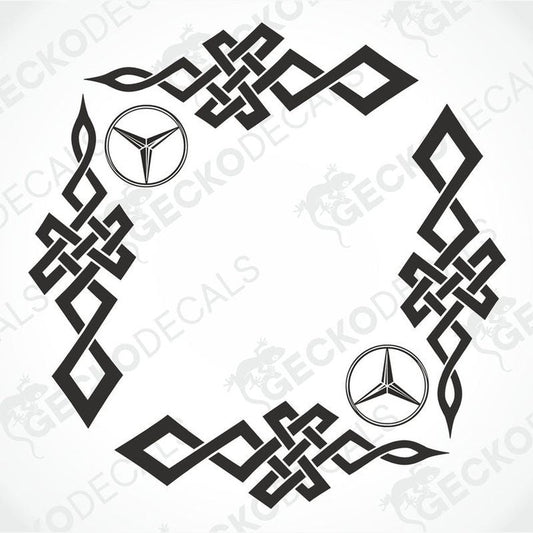 A set of two black tribal side window decals featuring the Mercedes-Benz logo.