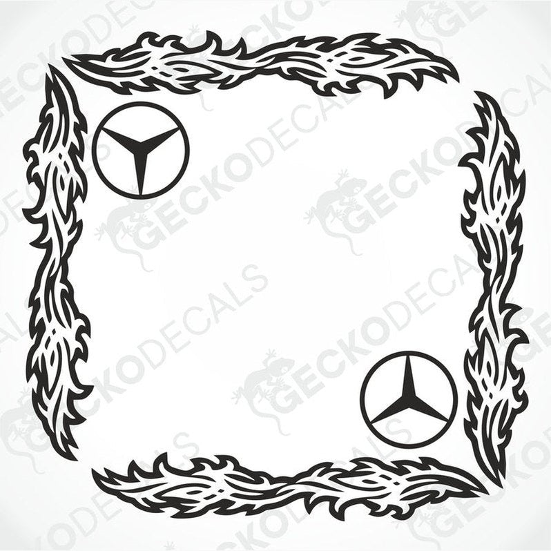 A black and white tribal-style side window decal for a Mercedes-Benz truck. The decal features a geometric pattern with the Mercedes-Benz logo at the center.