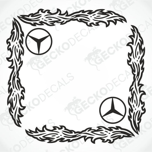 A black and white tribal-style side window decal for a Mercedes-Benz truck. The decal features a geometric pattern with the Mercedes-Benz logo at the center.