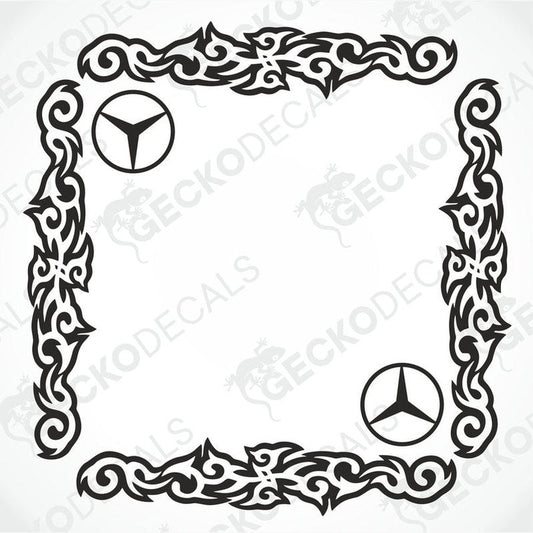 A black and white image of a die cut decal with a tribal pattern design, featuring the Mercedes-Benz logo within the frame.