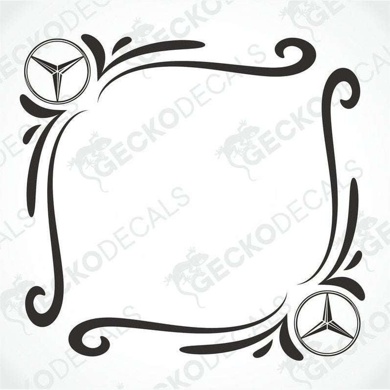 A black and white tribal design side window decal for a vehicle, featuring the Mercedes-Benz logo.
