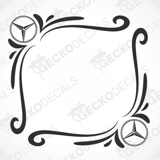 A black and white tribal design side window decal for a vehicle, featuring the Mercedes-Benz logo.