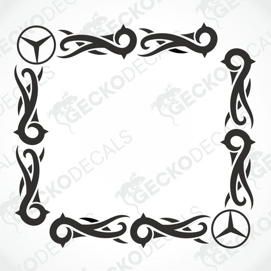 A black and white image of a die cut decal with a tribal pattern design for a vehicle's side window, featuring the Mercedes-Benz logo.