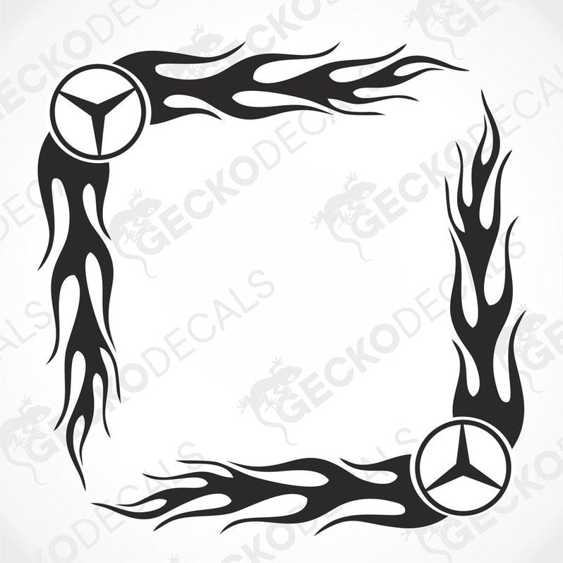 A set of two black tribal design side window decals for a vehicle, featuring flame patterns and the Mercedes-Benz logo.
