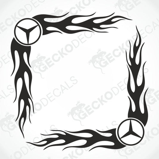 A set of two black tribal design side window decals for a vehicle, featuring flame patterns and the Mercedes-Benz logo.