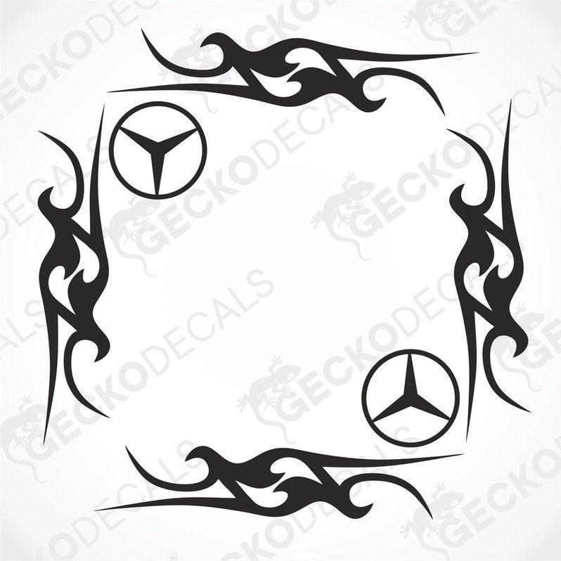 A set of two black tribal design side window decals for a vehicle, featuring the Mercedes-Benz logo.