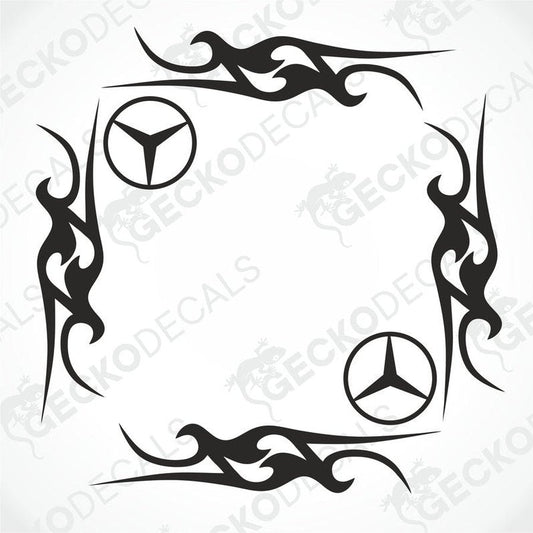 A set of two black tribal design side window decals for a vehicle, featuring the Mercedes-Benz logo.