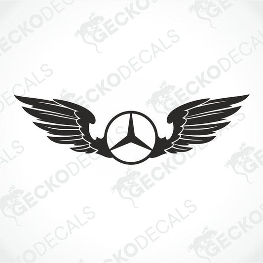 A black and white emblem of a Mercedes-Benz car with a stylized wing design.
