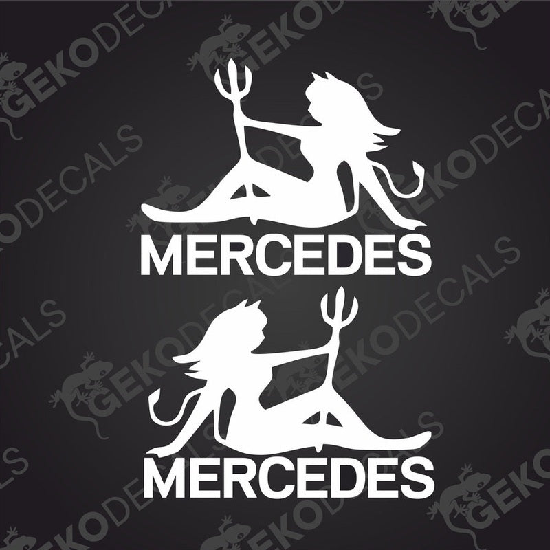 Two white decals featuring a stylized devilish figure with 'MERCEDES' written across the center, designed for use on vehicles.