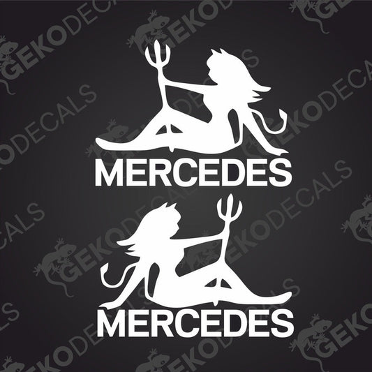 Two white decals featuring a stylized devilish figure with 'MERCEDES' written across the center, designed for use on vehicles.