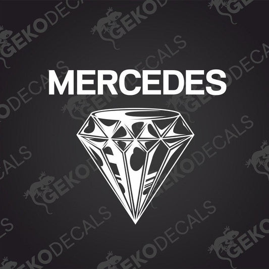 A decal with the text 'MERCEDES' above a diamond shape design, typically used for vehicle customization.