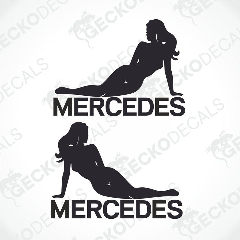 A set of two black decals of a mercedes girl, one showing the front view and the other showing the side view, with the word 'MERCEDES' written across.