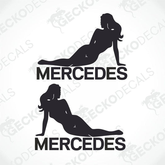 A set of two black decals of a mercedes girl, one showing the front view and the other showing the side view, with the word 'MERCEDES' written across.