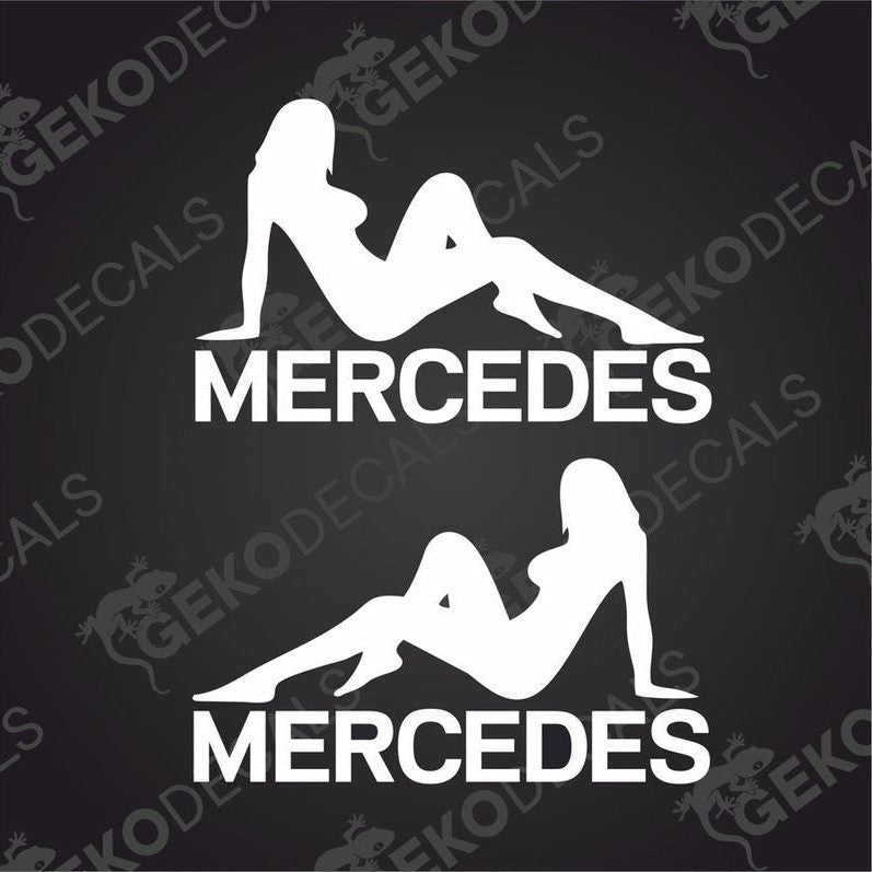 This image features two die-cut decals, each depicting a stylized female figure alongside the Mercedes brand name. Designed for use on both interior and exterior surfaces, these decals are delivered on transfer paper for easy application.