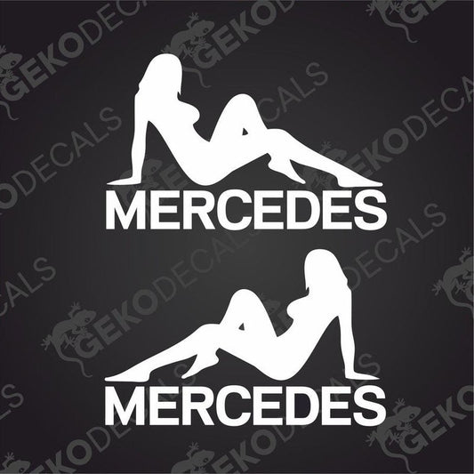 This image features two die-cut decals, each depicting a stylized female figure alongside the Mercedes brand name. Designed for use on both interior and exterior surfaces, these decals are delivered on transfer paper for easy application.