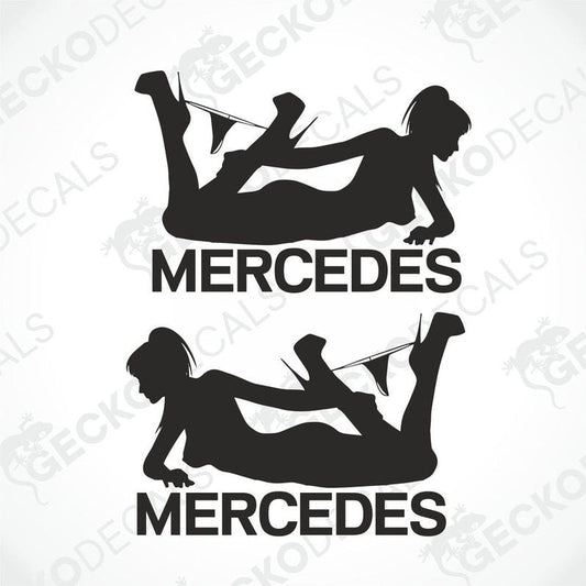 The image shows two black and white stickers. On the left sticker, there is a silhouette of a girl with a Mercedes logo on her leg, and on the right sticker, there is a silhouette of a girl with a Mercedes logo on her head.