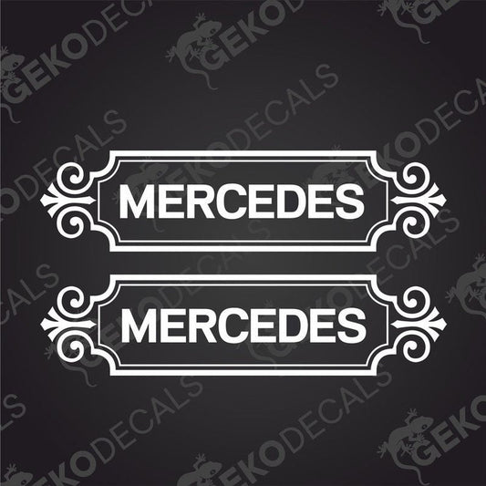 Two die cut stickers with the word MERCEDES inside a decorative frame, delivered on transfer paper.