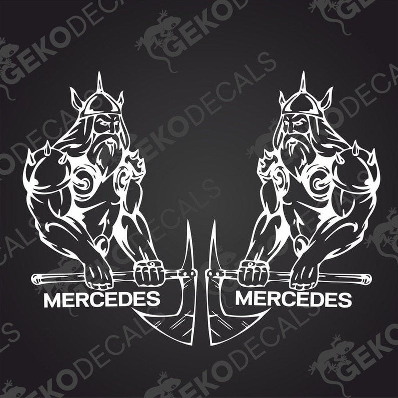 Two black and white sticker designs featuring a stylized Viking holding a sword, with the name 'MERCEDES' written across the center.