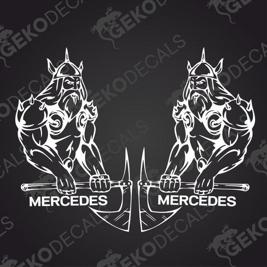 Two black and white sticker designs featuring a stylized Viking holding a sword, with the name 'MERCEDES' written across the center.