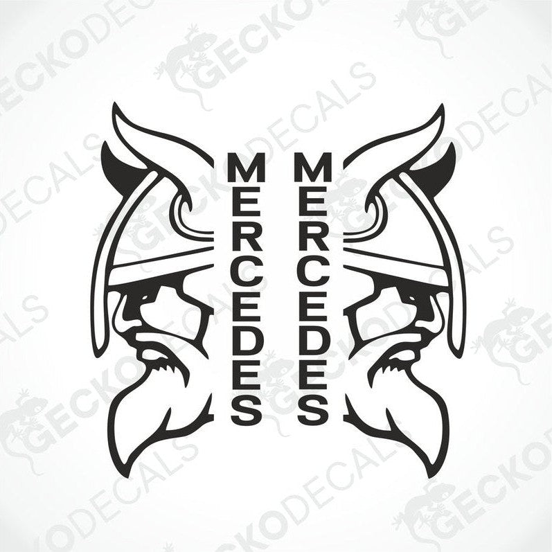 Two black and white vehicle decals featuring a stylized Viking helmet with the Mercedes logo in the center