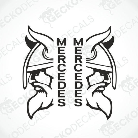 Two black and white vehicle decals featuring a stylized Viking helmet with the Mercedes logo in the center