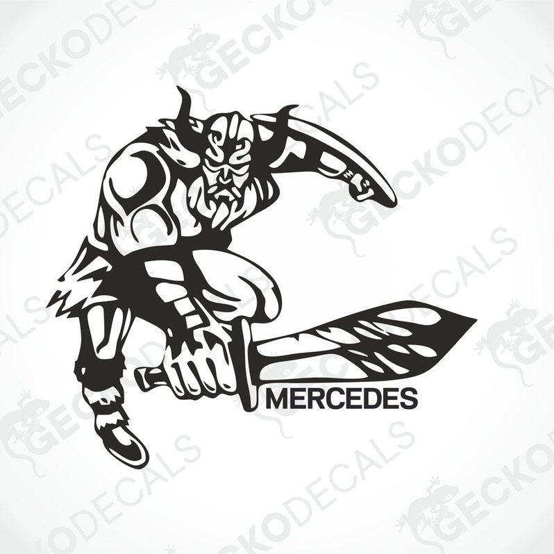 A black and white die cut decal of a Viking holding a sword with the Mercedes logo on the blade.