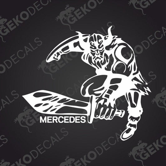 A black die cut sticker of a Viking character with the Mercedes brand logo