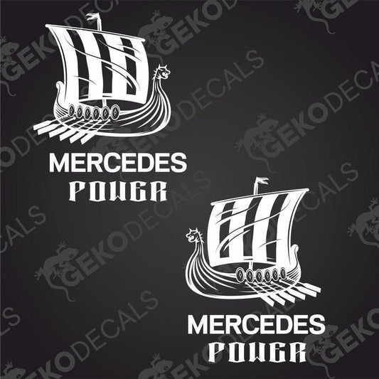 Two black and white stickers with the text 'MERCEDES POWER' and a Viking ship illustration on each.