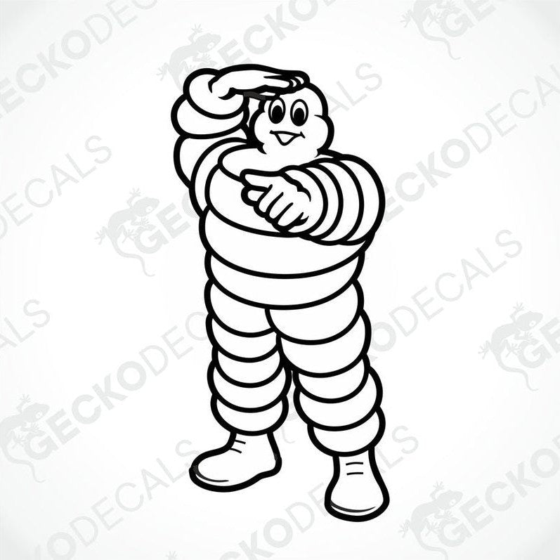 A die cut decal of a cartoon tire character standing upright, designed for use on various surfaces.