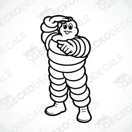 A die cut decal of a cartoon tire character standing upright, designed for use on various surfaces.