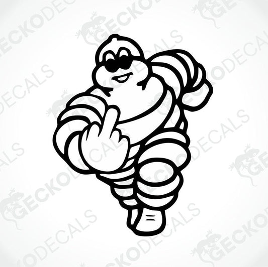A black and white die cut sticker of a cartoon character giving a finger gesture.