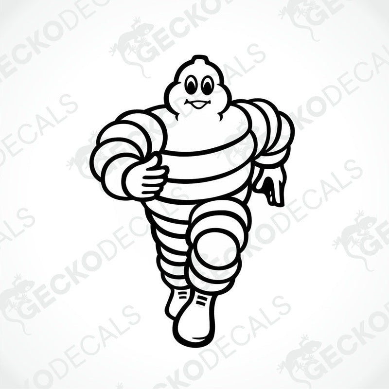 A black and white die cut decal of the Michelin man, suitable for interior and exterior use, delivered on transfer paper.