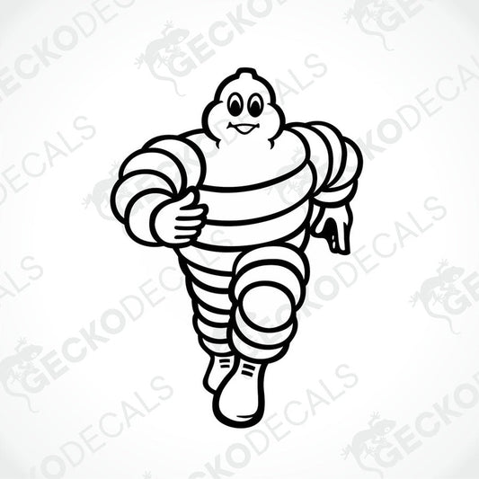 A black and white die cut decal of the Michelin man, suitable for interior and exterior use, delivered on transfer paper.