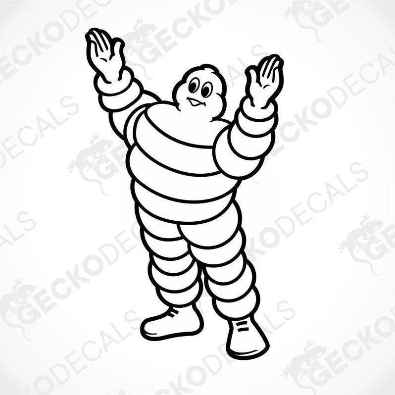 A black and white decal of the Michelin man, a cartoon character wearing striped overalls and presenting with hands raised.